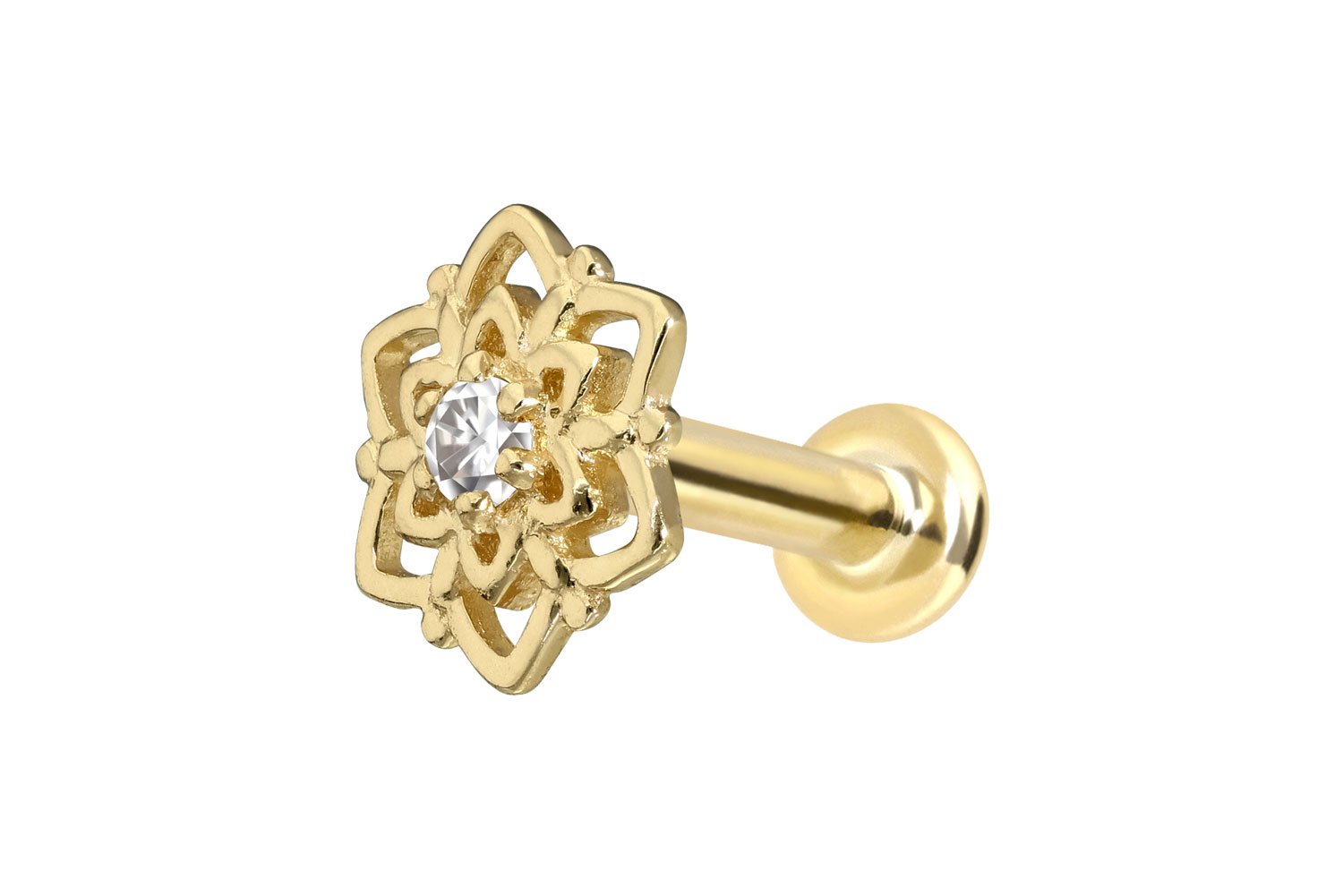 14 Karat Gold Labret Piercing mit Push Fit MOISSANIT-BLUME